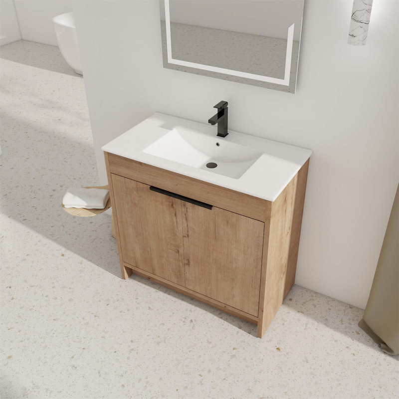 Meuble-lavabo autoportant avec lavabo en céramique, Chêne