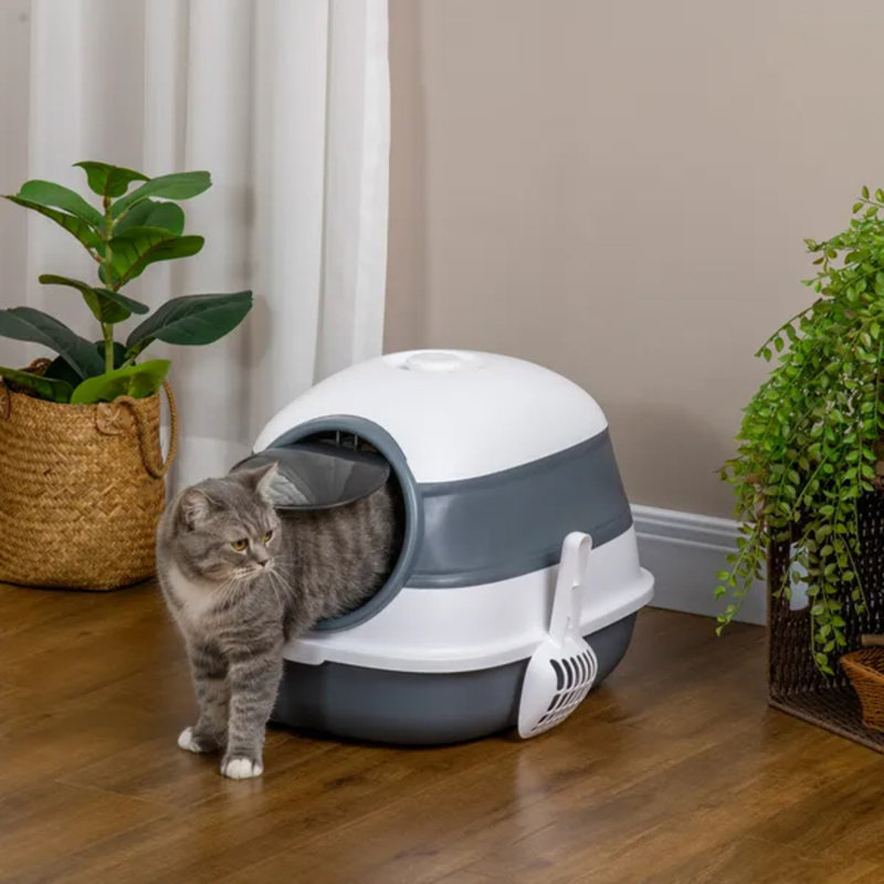 Bac à litière pour chat avec couvercle et dôme, blanc et gris