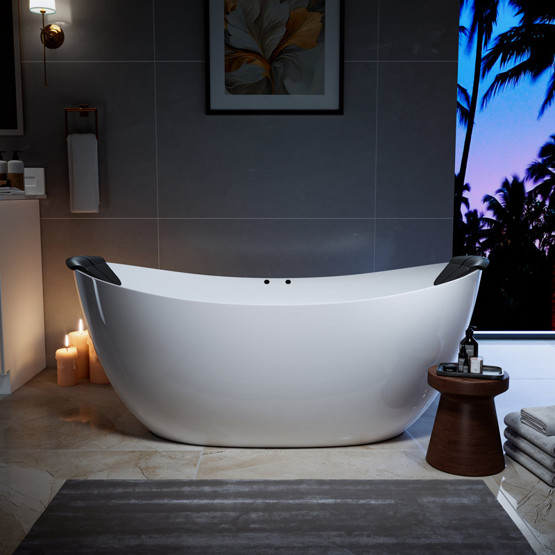 67 In. X 28.7 In. Center Drain Brushed Nickel Freestanding Whirlpool Bathtub Hydrotherapy Lighted Bath - 16 Jets In White