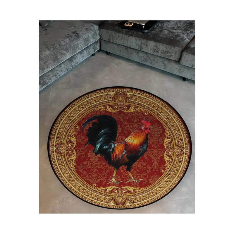 Tapis rond lavable à la machine à motif coq, Rond 4 pi 11 po
