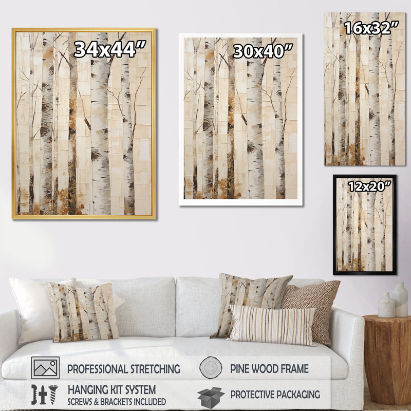 Arbre de minimalisme beige sur fond de bouleau V sur toile, H 20 po x l 12 po x P 1 po, Cadre photo noir simple