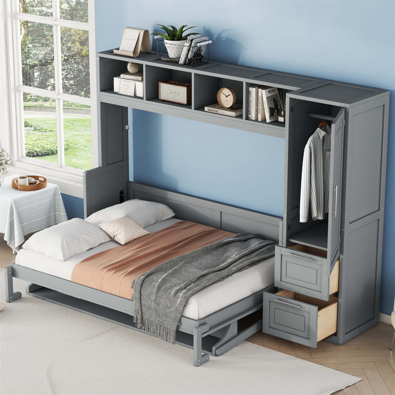 Lit escamotable double pleine grandeur avec placard et tiroirs, Gris, Lit double