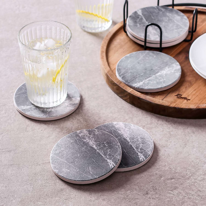 Ensemble de 6 sous-verres ronds en béton avec support en fer noir