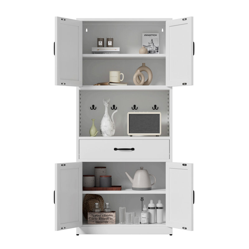 Armoire de rangement robuste en acier blanc de style moderne avec grand comptoir, 71 pouces de hauteur, tablettes réglables, tiroirs et crochets | Idée de cadeau