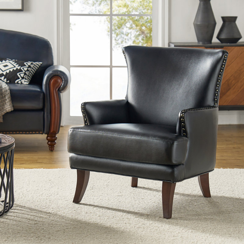 Aviles  29.2" W Vegan Leather Wingback Armchair, Black Faux Leather