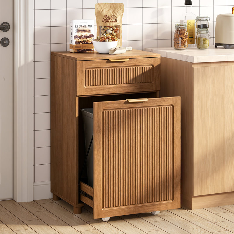 Armoire à poubelle 13 gallons, poubelle escamotable cannelée de 20 po avec tiroir et 3 crochets, armoire à linge en bois pour la cuisine, le salon, la chambre à coucher