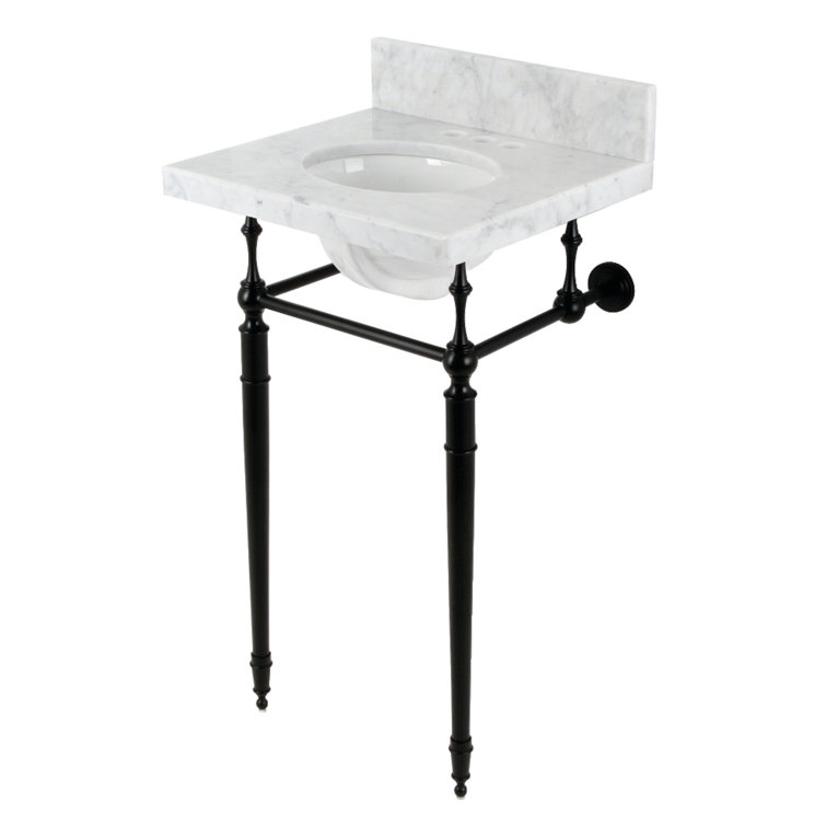 Edwardian Marble White/Matte Black Metal Oval Console Bathroom Sink with Overflow