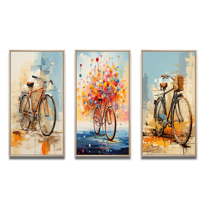 "Vélo expressif voyages" - 3 pièces sur toile, H 28 po x l 36 po, Encadré naturel