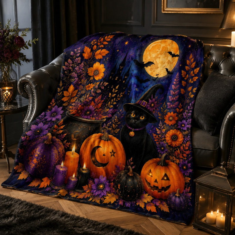 Jeté de citrouille d'Halloween, couverture de sorcière douillette pour canapé-lit, salon, décoration intérieure