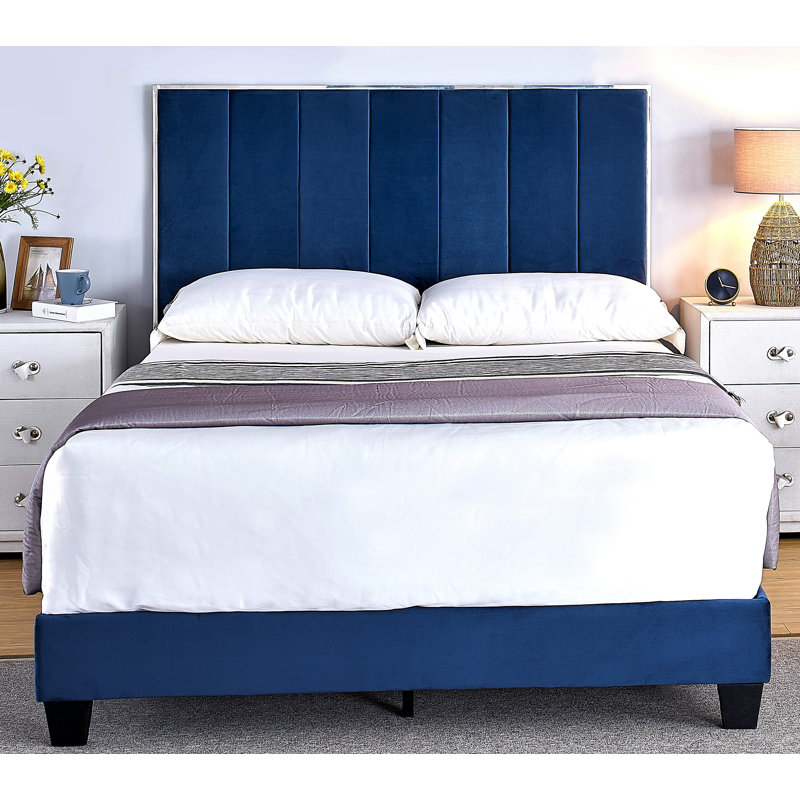 Lit standard capitonné Hartig, Bleu espace, Double