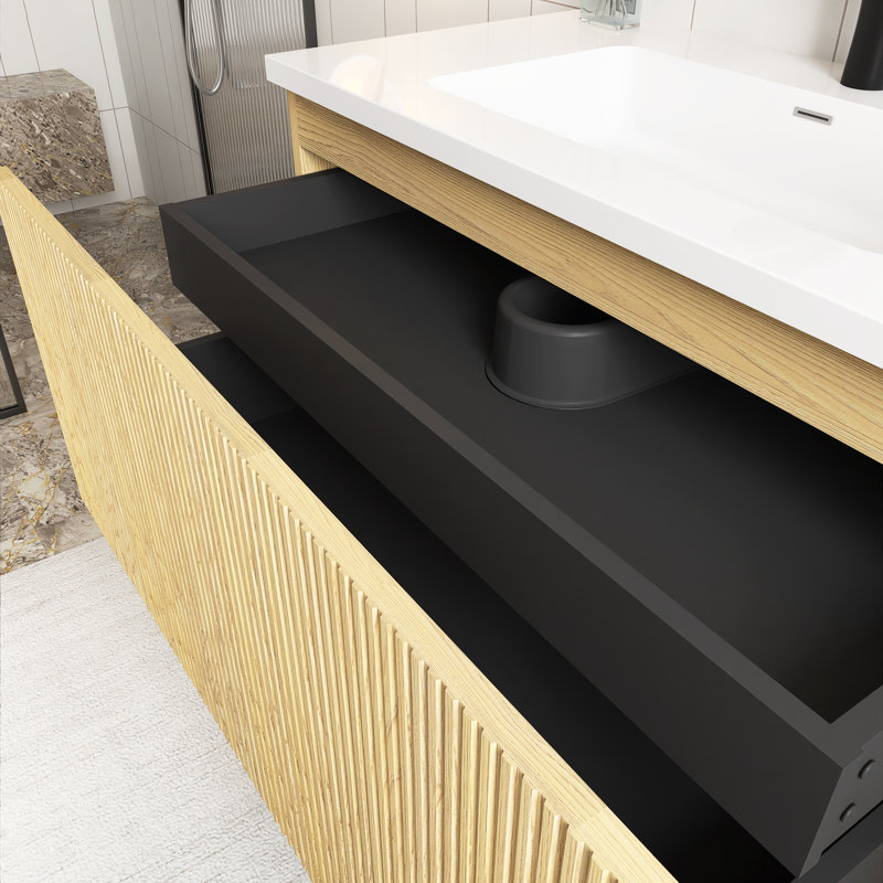 Meuble-lavabo mural 36 po MDF avec plateau en chêne jaune