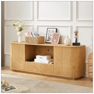 64-Inch Wavy TV Stand, Rounded Sideboard, Storage Cabinet, Wooden Vertical Stripe Cabinet For Living Room/Bedroom/Entryway. Natural,64''W X 15''D X 24''H.