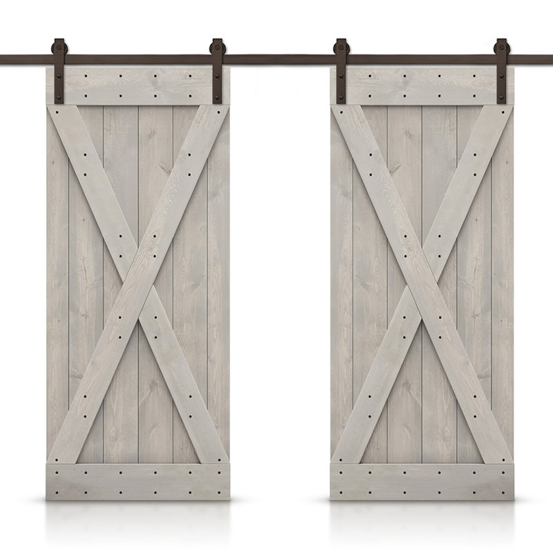 Porte de grange en bois massif lambrissé et métal, 40 po x 84 po, Gris argenté