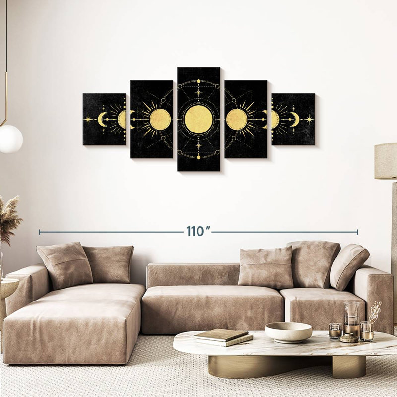 " Gold Moon Phases Multi Piece Canvas Print " 5 - Pieces, 36" H x 80" W x 1.25" D