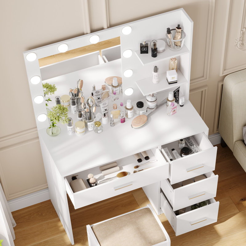 Makeup Vanity Table with Lighted Mirror, Vanity Desk with Storage Shelf and 4 Drawers, White