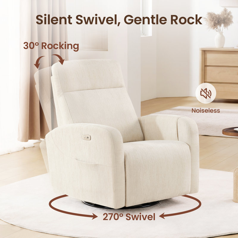 Fauteuil inclinable, oscillant et oscillant de 32,7 po de largeur, en chenille, avec accoudoirs de rangement, ports USB et Type-C intégrés