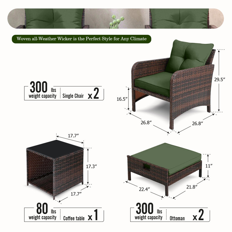 Ensemble de chaises de patio 5 pièces, conversation en osier avec coussins, table basse, vert, Vert