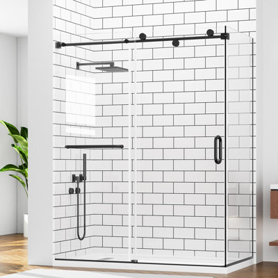Porte de douche d'angle en verre coulissant sans cadre de 60 po x P 32 po x H 76 po, verre trempé de 3/8 po et 5/16 po, à double revêtement nano, en acier inoxydable, résistant aux fuites, noir