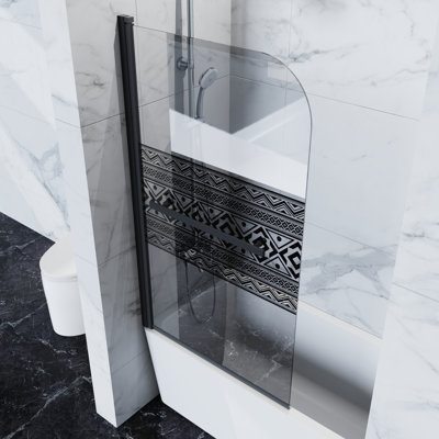 32"w X 55"h Frameless Bathtub Shower Door, 1/4" (6mm) Bohemian Pattern Tempered Glass, 180° Pivot Hinge, Reversible Installation, Stainless Steel Handle, Black