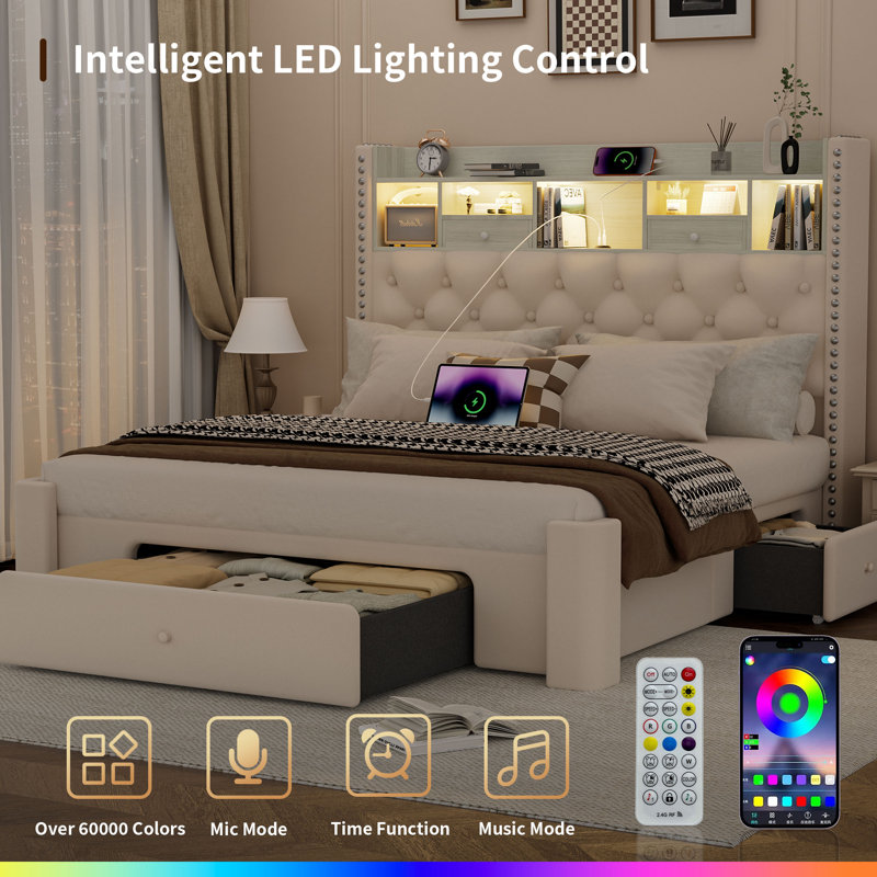 Bed Frame with Storage Drawers,Bed Frame with LED Lights,Velvet Upholstered Platform Bed with LED Lights and Charging Station,No Box Spring Needed,Noise-Free,Easy Assembly