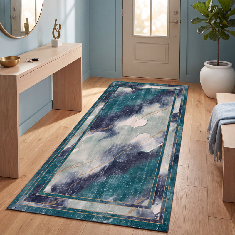 Tapis Somerset moderne à l'aspect vieilli, aquarelle abstraite, bleu sarcelle et blanc, lavable à la machine, antidérapant, à poils courts, pour l'intérieur et l'extérieur, adapté aux animaux domestiques, idéal pour le salon, la chambre, la salle à manger, l'entrée, le couloir ou le bureau.