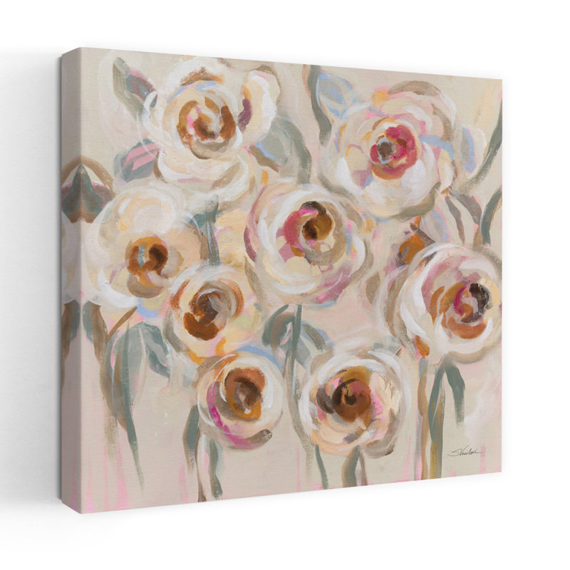 Fleurs blanches et rosées, art floral contemporain, H 18 po x l 18 po