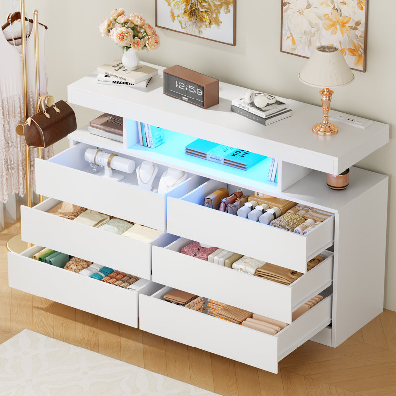 Adriel 6 Drawer 47.3" W White Dresser With Power Outlet And Led Light, White