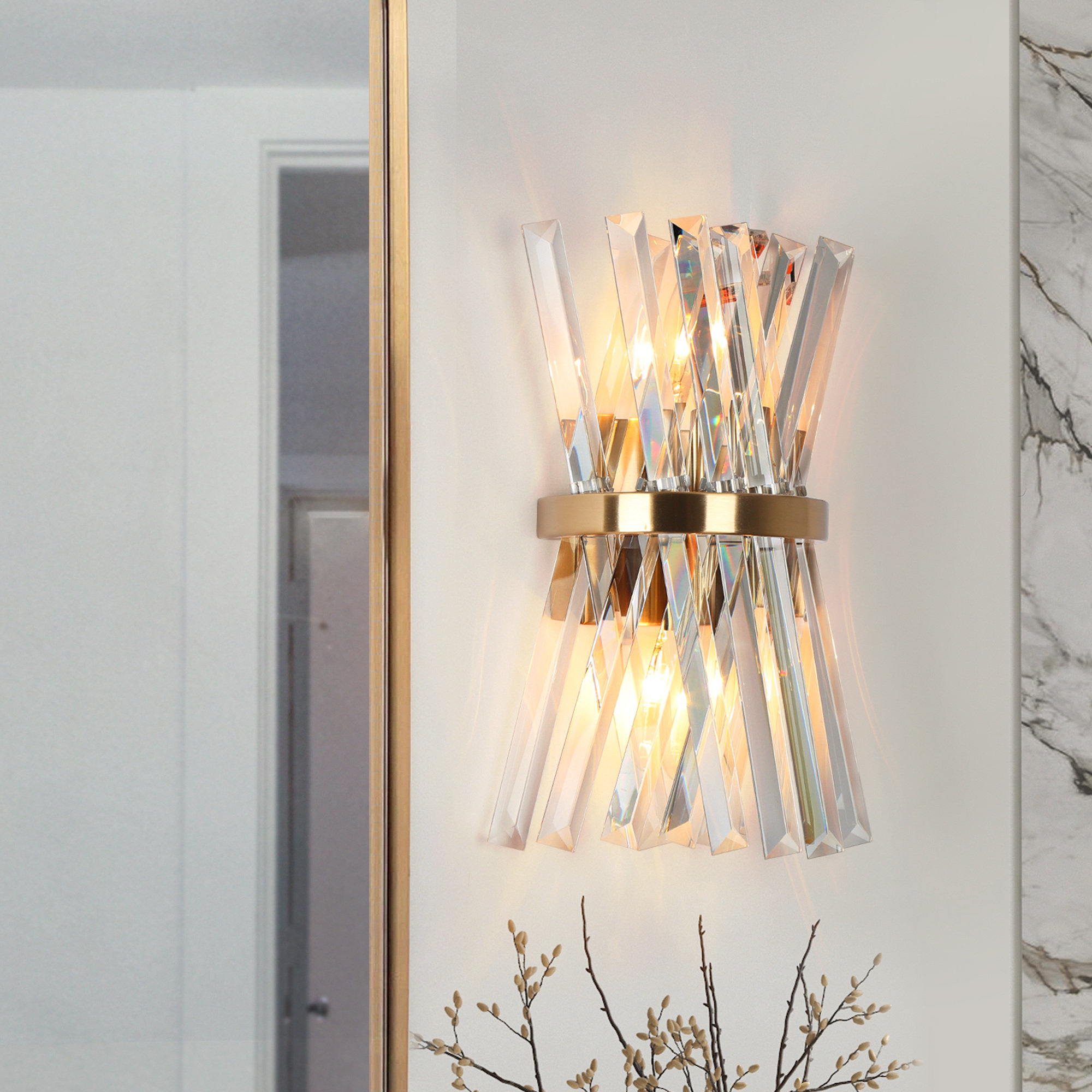 Mercer41 Joycelene 2-Light 8'' W Crystal Gold Bathroom Wall Sconce ...