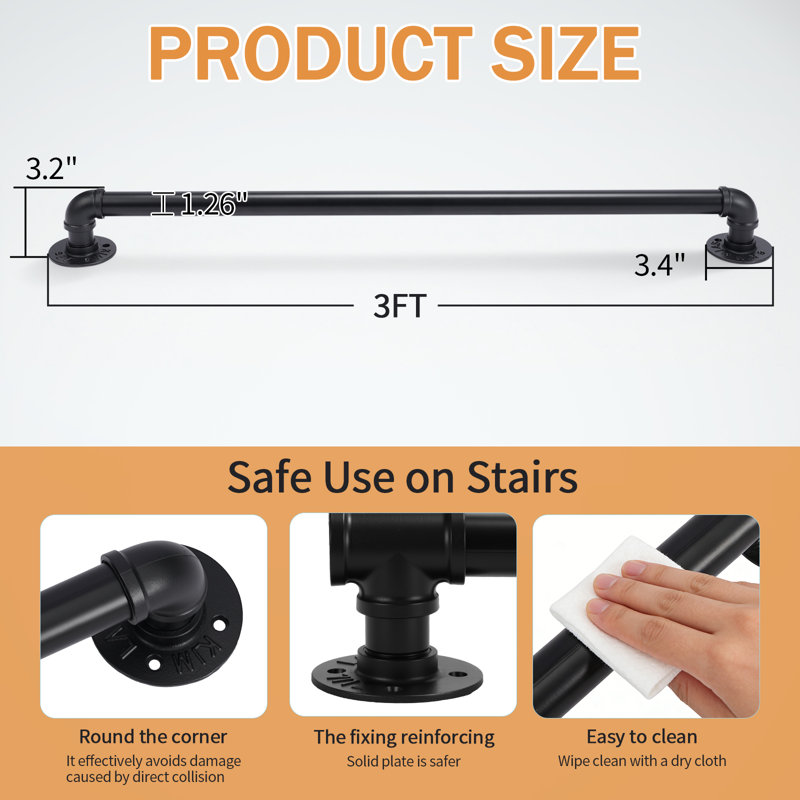 3' Black Iron Wall Handrail, 3.12" H x 36.27" W x 3.315" D