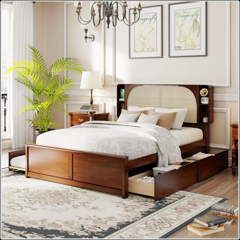 Grand lit de tête de lit en rotin avec deux tiroirs et un lit gigogne, finition noyer, parfait pour le rangement et les chambres d'amis