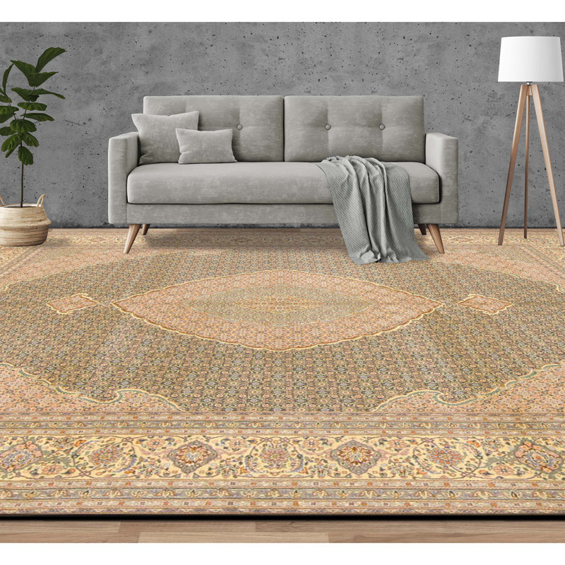 Tapis vert et beige noué à la main de haute qualité