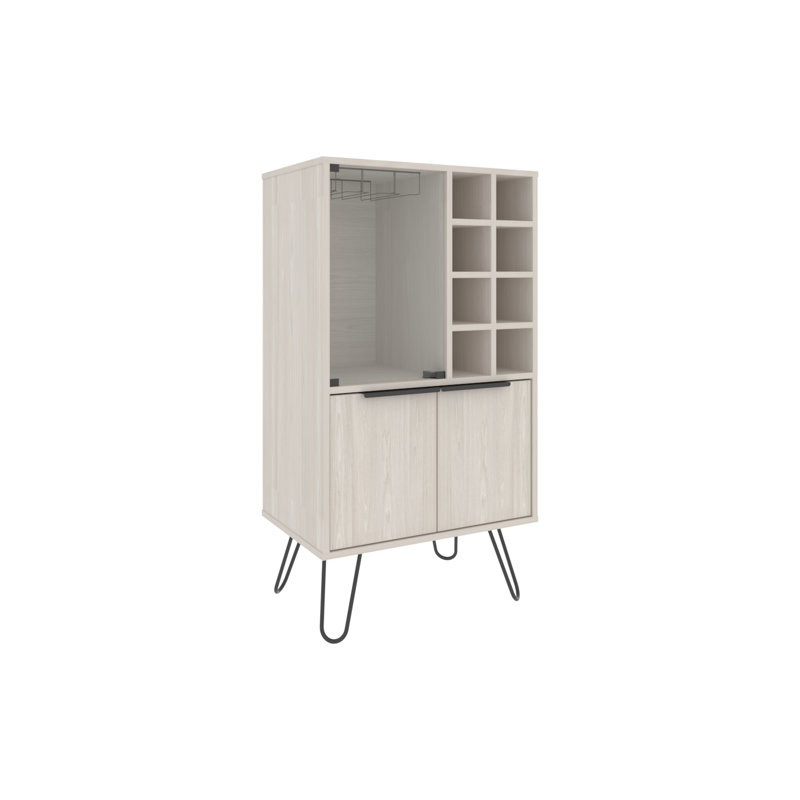 Bar Cabinet 43.1" H, with 2 Doors, 9 Shelves, and 1 Glass Panel, White Washed Oak