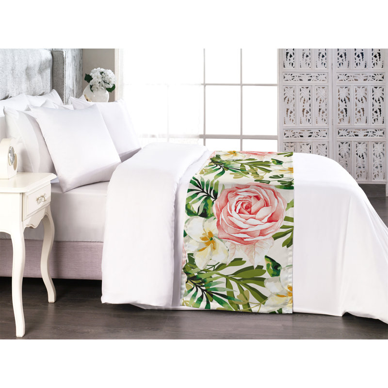 Ambesonne Rose Pattern Bed Scarf Runner Romantic Botany Print King Olive Green Coral White, King