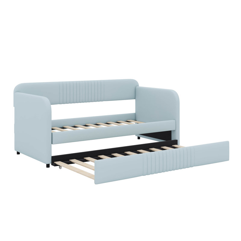Twin Size Upholstered Daybed Bed With Trundle Bed, Light Blue