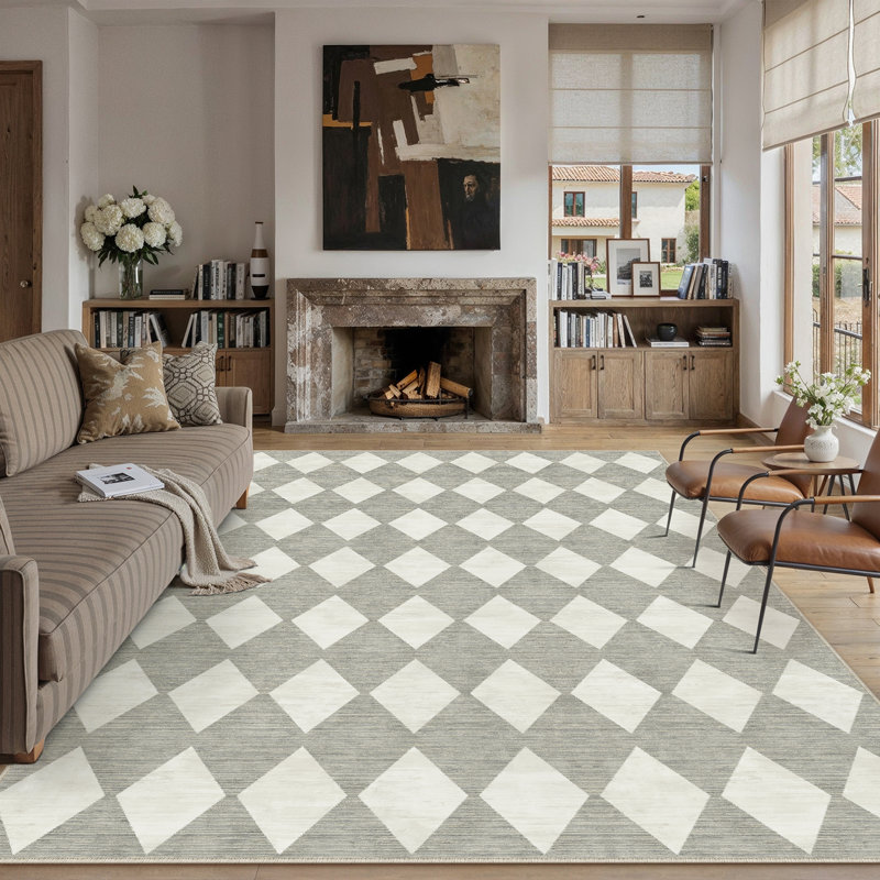 Tapis moderne lavable à losanges pour le salon avec envers antidérapant, Gris, Rectangle 5 pi x 7 pi