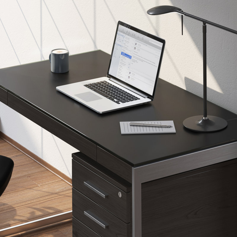 Sequel 20 Glass Writing Desk, Charcoal Stained Ash/Satin Nickel, 24.75" H x 48" W x 24" D