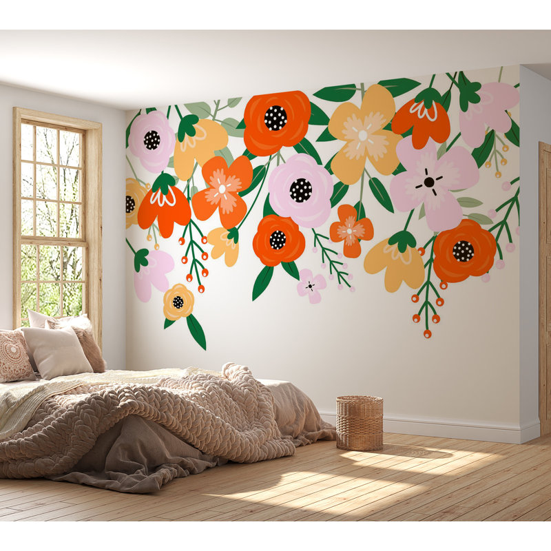 Adhésif mural pelez et collez - fleur abstraite orange, L 57 po x L 41 po