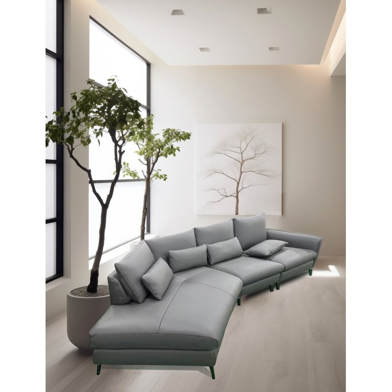 Ella Modern Full Top Grain Leather Sectional Sofa In Dark Grey, Left Hand Facing