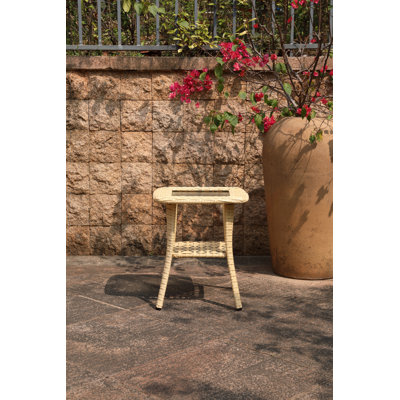 Outdoor Wicker Patio Side Table With Tempered Glass Top