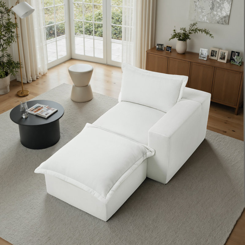 Chaise longue modulaire rembourrée en chenille beige avec repose-pieds amovible - entièrement compressée, aucun assemblage requis
