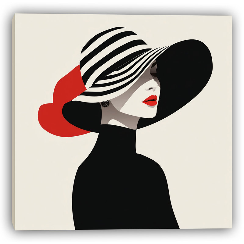 Femme chic avec un chapeau rayé et une décoration rouge sur toile tendue