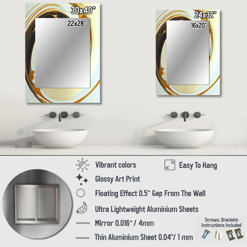 White And Gold Bold Movement I - Marble Mirror, Modern Unique Wall Mirror, Printed Metal Art, 32" x 24"