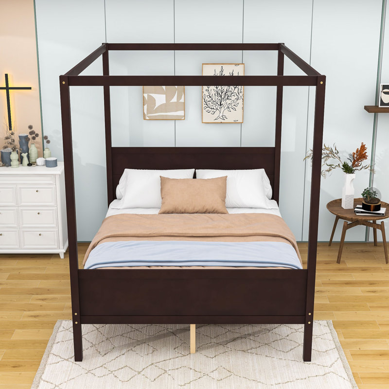 Queen Size Wooden Platform Bed with Headboard and Footboard, Slats, Espresso