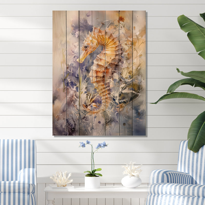 Watercolor Seahorse Bloom - Modern Wooden Wall Art On Natural Pine Wood, 20" H x 10" W