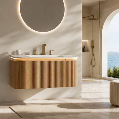 Meuble-lavabo de salle de bain 36 po avec lavabo DIEN, couleur grain de bois naturel, armoire rayée à bords arrondis flottants avec tiroir, capteur de lumière, lavabo intégré en pierre frittée à motif de travertin, pré-assemblé, TH