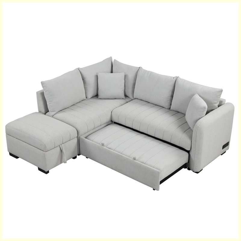 L-shaped Sectional Pull Out Sofa Bed Sleeper Sofa with Two USB Ports, Two Power Sockets and a Movable Storage Ottoman, Grey