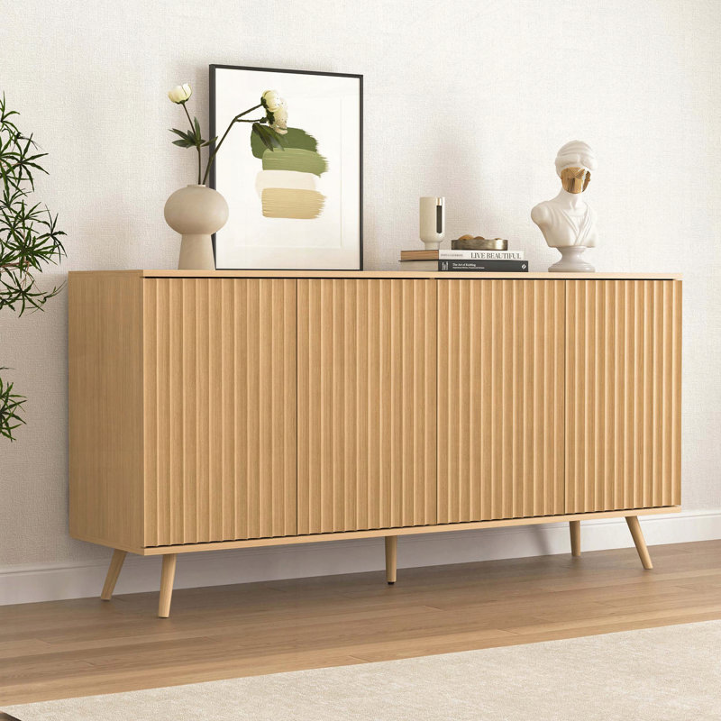 Sideboard Buffet Cabinet with Hexagonal Pattern and Press-Rebound Device, Natural