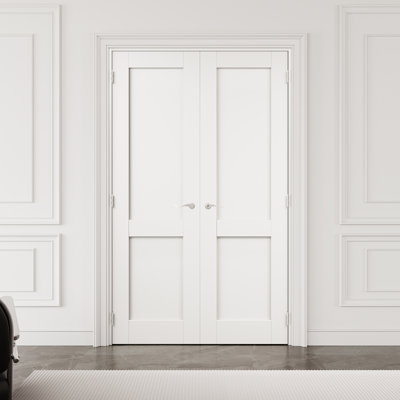 48" x 80" 2-Panel Interior French Door with Silver Hardware & Latch & Door Lever, Solid Core Door Slab, Paintable & Waterproof, Suit for Laundry, Closet Doors, Room Doors, Assembly Required