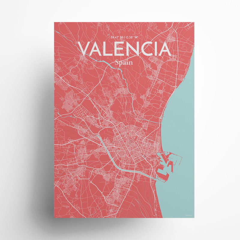 Valencia, carte de la ville, impression, H 27,6 po x l 19,7 po, Rose / bleu bébé