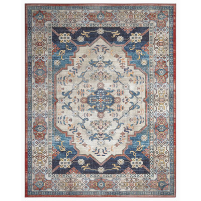 Tapis ivoire / bleu marine à motif de médaillon antidérapant Lyanne